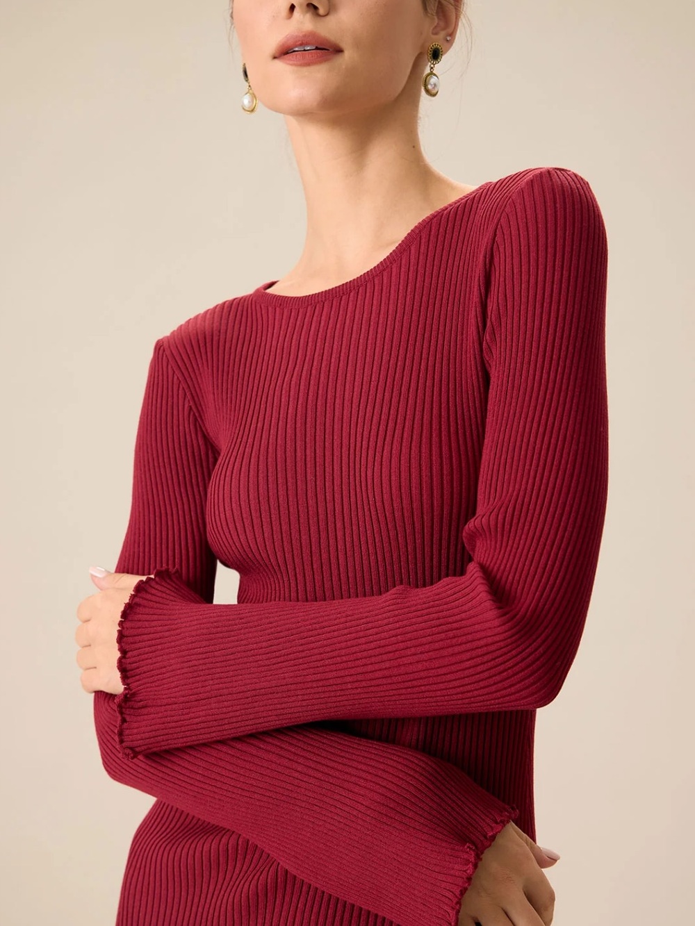 Long Sleeve Shirt| Ribbed Knit| Boat Neck | Body-con | Medium